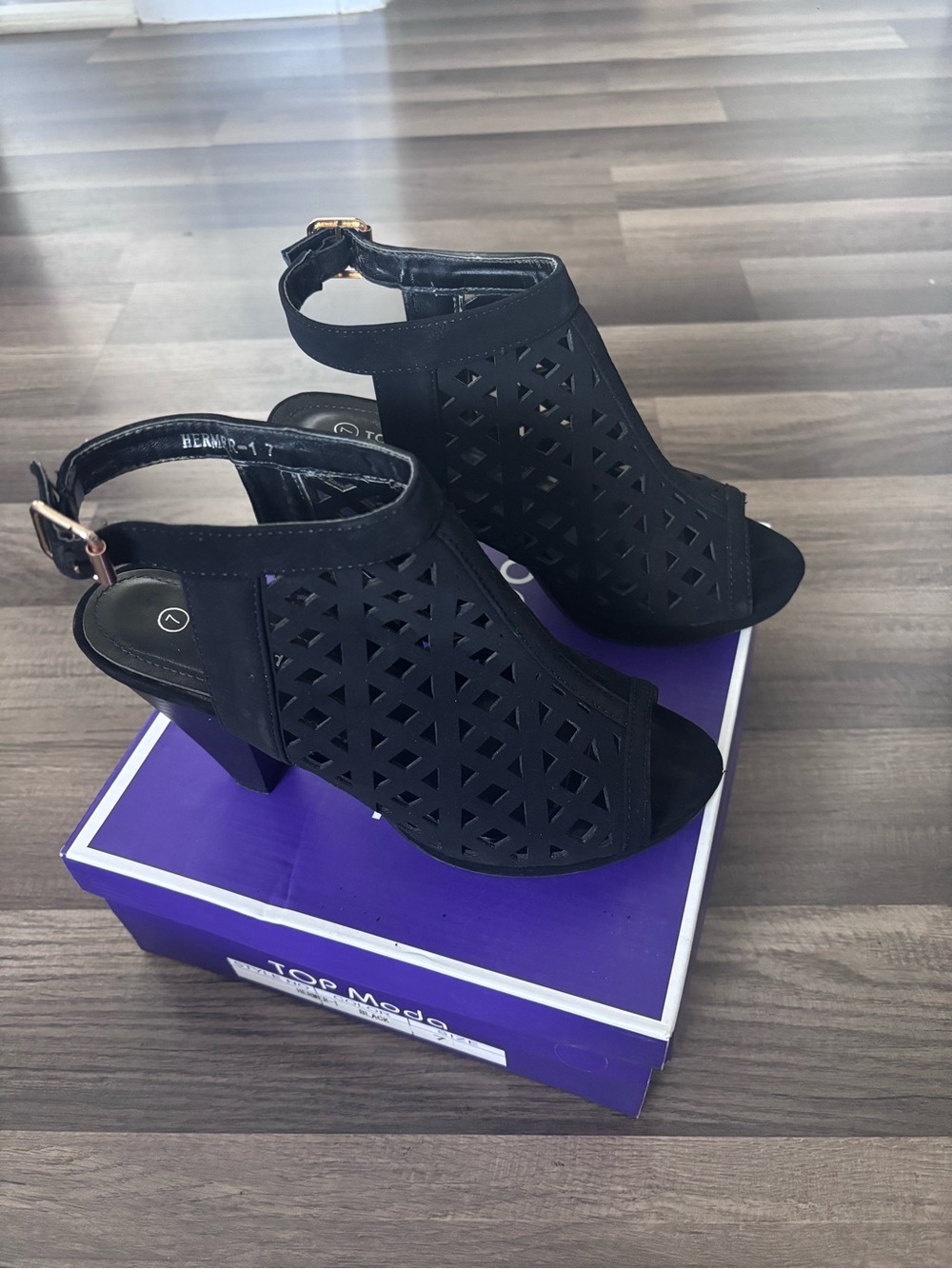TOP Moda Black Laser-Cut Peep-Toe Ankle Strap Heels